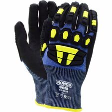 RONCO Sela Gloves - Medium - Cut, Impact, Hand, Oil Protection - Sandy Nitrile Coating - Medium Size - Thermoplastic Rubber (TPR) - Hi-Viz Yellow, Blue, Black - Touchscreen Capable - Cut Resistant, Impact Resistant, Puncture Resistant, Lightweight, Comfortable - For Mining, Construction, Petrochemical Handling, Manufacturing, Maintenance, Repairing, Oil & Gas - 6 / Pack