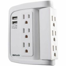 Woods 6-Outlets Surge Suppressor/Protector - White - 6 x AC Power, 2 x USB - Wall Mountable
