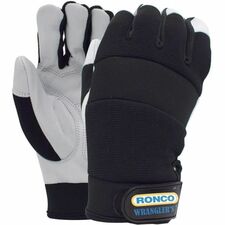 RONCO Wrangler's 72-082 Work Gloves - Abrasion, Dirt, Debris Protection - Medium Size - Grain Leather - Black - Durable, Comfortable, Abrasion Resistant, Hooded Fingertip, Snug Fit, Elastic Wrist, Velcro Strap, Padded Knuckle - For Automotive, Gardening, Landscaping, Maintenance, Construction, Yardwork, Field Work, Farming, Ranching - 12 / Pack