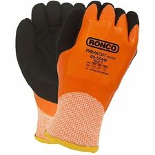 RONCO PrimaCut 69-594W Work Gloves - Hand, Wet, Oil, Abrasion, Cold Temperature Protection - Latex Coating - X-Large Size - Acrylic, Steel, Glass, Fiber - Black, Orange - Flexible, Abrasion Resistant, Puncture Resistant, Cut Resistant, Blade Cut Resistant, Tear Resistant, Comfortable - For Marine, Glass Handling, Building, Automotive, Transportation, Warehouse, Construction, Machinery, Equipment Operation, Municipal Service, Waste Management - 6 / Pack