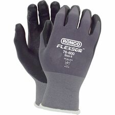 RONCO Flexsor 76-600 Work Gloves - Abrasion, Oil Protection - Microfoam Nitrile Coating - 6 Size Number - X-Small Size - Black/Gray - Lightweight, Breathable, Latex-free, Abrasion Resistant, Flexible - For Assembly, Finished Goods, Equipment Operation, Machinery, Small Part Handling, Fishery, Aquaculture, Material Handling, Warehouse, Inventory, Crane, ... - 12 / Pack
