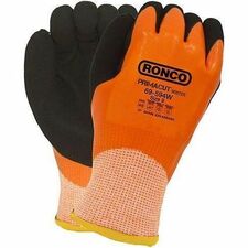 RONCO PrimaCut 69-594W Work Gloves - Hand, Wet, Oil, Abrasion, Cold Temperature Protection - Latex Coating - Large Size - Acrylic, Steel, Glass, Fiber - Black, Orange - Flexible, Abrasion Resistant, Puncture Resistant, Cut Resistant, Blade Cut Resistant, Tear Resistant, Comfortable - For Marine, Glass Handling, Building, Automotive, Transportation, Warehouse, Construction, Machinery, Equipment Operation, Municipal Service, Waste Management - 6 / Pack