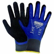 RONCO Flexsor 76-625 Work Gloves - Oil, Abrasion, Dirt Protection - Sandy Nitrile Coating - 8 Size Number - Medium Size - Nitrile - Black, Blue - Abrasion Resistant, Latex-free, Breathable, Blade Cut Resistant, Tear Resistant, Puncture Resistant, Cut Resistant - For Assembling, Finished Goods, Machinery, Small Part Handling, Fishery, Aquaculture, Material Handling, Warehouse, Inventory, Oil Handling, Tools, ... - 12 / Pack