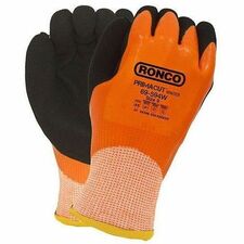 RONCO PrimaCut 69-594W Work Gloves - Hand, Wet, Oil, Abrasion, Cold Temperature Protection - Latex Coating - Medium Size - Acrylic, Steel, Glass, Fiber - Black, Orange - Flexible, Abrasion Resistant, Puncture Resistant, Cut Resistant, Blade Cut Resistant, Tear Resistant, Comfortable - For Marine, Glass Handling, Building, Automotive, Transportation, Warehouse, Construction, Machinery, Equipment Operation, Municipal Service, Waste Management - 6 / Pack
