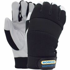 RONCO Wrangler's 72-082 Work Gloves - Abrasion, Dirt, Debris Protection - X-Large Size - Grain Leather - Black - Durable, Comfortable, Abrasion Resistant, Hooded Fingertip, Snug Fit, Elastic Wrist, Velcro Strap, Padded Knuckle - For Automotive, Gardening, Landscaping, Maintenance, Construction, Yardwork, Field Work, Farming, Ranching - 12 / Pack