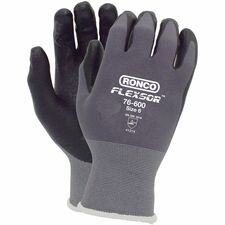 RONCO Flexsor 76-600 Work Gloves - Abrasion, Oil, Wet Protection - Microfoam Nitrile Coating - 8 Size Number - Medium Size - Black/Gray - Lightweight, Breathable, Latex-free, Abrasion Resistant, Flexible, Comfortable - For Assembly, Finished Goods, Equipment Operation, Machinery, Small Part Handling, Fishery, Aquaculture, Material Handling, Warehouse, Inventory, Crane, ... - 12 / Pack