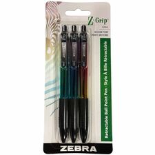 Zebra Z-Grip Metallic Ballpoint Pens - 1 mm (0.04") Medium Pen Point - Retractable - Black Ink - Metallic Barrel - Writing - 3 / Pack