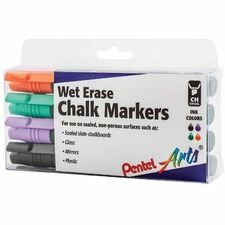 Pentel Arts Wet Erase Chalk Marker Set, Chisel Tip, Assorted Ink (ADFV) 4-Pk Plastic Box - Erasable - Assorted Ink - Chalk-based, Liquid - Glass, Mirror, Chalkboard, Plastic, Metal, Porcelain, Pottery, Fiberglass, Window, Indoor, Outdoor - 4 / Pack