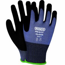 RONCO 69-6445 PrimaCut Safety Gloves - Cut, Abrasion, Blade Cut, Oil, Dirt Protection - Sandy Nitrile Coating - 7 Size Number - Small Size - Black, Blue - Touchscreen Capable - Tear Resistant, Cut Resistant, Abrasion Resistant, Puncture Resistant, Flexible, Lightweight, Durable - For Construction, Metal Fabrication, Stamping, Glass Handling, Maintenance, Repairing, Automotive, Material Handling, Petrochemical Handling, Mining, Industrial - 6 / Pack