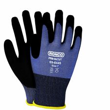 RONCO 69-6445 PrimaCut Safety Gloves - Cut, Abrasion, Blade Cut, Oil, Dirt Protection - Sandy Nitrile Coating - X-Small Size - Black, Blue - Touchscreen Capable - Tear Resistant, Cut Resistant, Abrasion Resistant, Puncture Resistant, Flexible, Lightweight, Durable - For Construction, Metal Fabrication, Stamping, Glass Handling, Maintenance, Repairing, Automotive, Material Handling, Petrochemical Handling, Mining, Industrial - 48 Pairs/Case - 6 / Pack