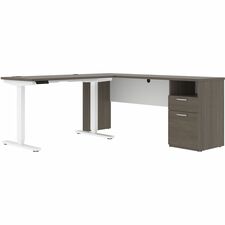 BeStar Upstand L-Shaped Standing Desk - Bark Gray L-shaped Top - Height Adjustable - 4-Stage - Document - White - 1 Each