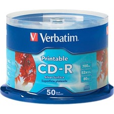 Verbatim CD-R 700MB 52X Silver Inkjet Printable - 50pk Spindle - 120mm - Printable - 1.33 Hour Maximum Recording Time