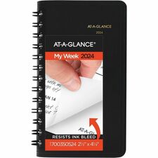 At-A-Glance 2024 Weekly Planner, Black, Pocket, 2 1/2" x 4 1/2" - Weekly - 1 Year - January 2024 - December 2024 - 1 Week Double Page Layout - 2 1/2" x 4 1/2" Sheet Size - Wire Bound - Black - Simulated Leather, Faux Leather - Pocket - 1 Each