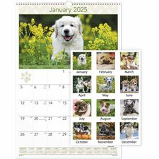At-A-Glance Puppies Wall Calendar - Large Size - Julian Dates - Monthly, Yearly - 12 Month - January 2024 - December 2024 - 1 Month Single Page Layout - 15 1/2" x 22 3/4" White Sheet - 2" x 2.13" Block - Wire Bound - White - Chipboard, Paper - Hanging Loop, Full-color Photos of Puppies, Bleed Resistant Paper, Unruled Daily Block, Year Date Indicator - 1 Each