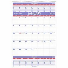 At-A-Glance 3-Month Wall Calendar - Large Size - Julian Dates - Monthly - 12 Month - January 2024 - December 2024 - 3 Month Single Page Layout - 15 1/2" x 22 3/4" White Sheet - 2" x 2.50" Block - Wire Bound - White - Chipboard, Paper - Hanging Loop, Sturdy Back, Ruled Daily Block, Bleed Resistant - 1 Each