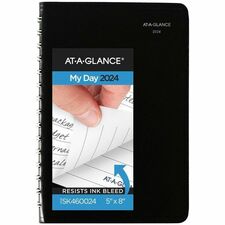 DayMinder 2024 Basic Daily Planner, Black, Small, 5" x 8" - Small Size - Julian Dates - Daily - 12 Month - January 2024 - December 2024 - 1 Day Single Page Layout - 5" x 8" White Sheet - Wire Bound - Leather - Simulated Leather, Paper, Faux Leather - Black Cover - 8" Height x 5" Width - Ruled - 1 Each
