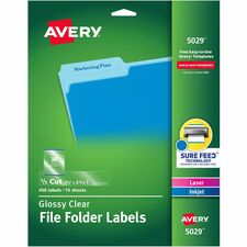 Avery Clear Top Tab Filing Labels - 21/32" Width x 3 7/16" Length - Permanent Adhesive - Rectangle - Laser, Inkjet - Glossy - Clear - Film - 30 / Sheet - 15 Total Sheets - 450 Total Label(s) - 450 / Pack - Permanent Adhesive, Stick & Stay, Jam Resistant, Curl Resistant