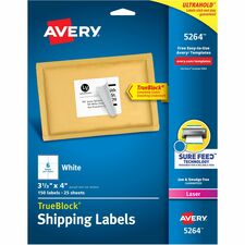 Avery® Shipping Labels, Sure Feed, 3-1/3" x 4" , 150 White Labels (5264) - 3 21/64" Width x 4" Length - Permanent Adhesive - Rectangle - Laser - White - Paper - 6 / Sheet - 25 Total Sheets - 150 Total Label(s) - 150 / Pack - Permanent Adhesive, Jam Resistant, Customizable