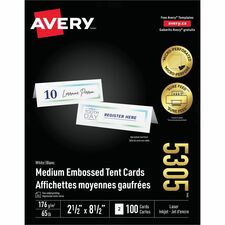 Avery® Medium Tent Cards for Laser and Inkjet Printers, 2½" x 8½" - 97 Brightness - 2 1/2" x 8 1/2" - 100 / Box - Perforated, Heat Resistant, Heavyweight, Rounded Corner, Smudge-free, Jam-free, Embossed - White