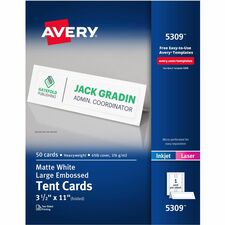 Avery Large Tent Cards for Laser and Inkjet Printers, 3½" x 11" - 97 Brightness - 3 1/2" x 11" - 176 g/m² Grammage - Matte - 50 / Box - Perforated, Heavyweight, Rounded Corner, Smudge-free, Jam-free, Embossed, Printable, Double-sided - White