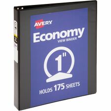 Avery® Economy View Binder - 1" Binder Capacity - Letter - 8 1/2" x 11" Sheet Size - 175 Sheet Capacity - 3 x Round Ring Fastener(s) - Internal Pocket(s) - Vinyl, Chipboard - Black - 15.84 oz - Gap-free Ring, Clear Overlay, Non Locking Mechanism, Clear Overlay - 1 Each