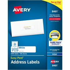 Avery® Easy Peel White Inkjet Mailing Labels - 1" Width x 4" Length - Permanent Adhesive - Rectangle - Inkjet - White - Paper - 20 / Sheet - 100 Total Sheets - 2000 Total Label(s) - 2000 / Box