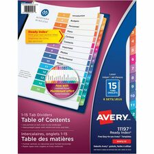 Avery® Ready Index® Table of Content Dividers for Laser and Inkjet Printers, 15 tabs, 6 sets - 90 x Divider(s) - 1-15 - 15 Tab(s)/Set - 8.50" Divider Width x 11" Divider Length - 3 Hole Punched - White Paper Divider - Multicolor Paper Tab(s) - 6 / Pack