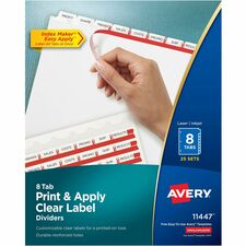 AveryÂ® Print & Apply Clear Label Dividers - Index Maker Easy Apply Label Strip - 200 x Divider(s) - 8 Blank Tab(s) - 8 Tab(s)/Set - 8.50" Divider Width x 11" Divider Length - Letter - 3 Hole Punched - White Paper Divider - White Tab(s) - 25 / Box