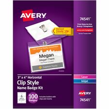 Avery® Clip-Style Name Badges - 4" x 3" - 100 / Box - Clip - White, Clear