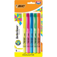 BIC Brite Liner Grip Highlighter, Chisel Tip, Assorted Colours, 5-Count, for Broad Highlighting or Fine Underlining - 1.6 mm Marker Point Size - Chisel Marker Point Style - Fluorescent Assorted - 5 Pack