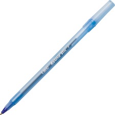 BIC Round Stic Ballpoint Pens - Fine Pen Point - Blue - Blue Barrel - 12 / Dozen