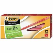 BIC Round Stic Extra Life Red Ballpoint Pens, Medium Point (1.0 mm), 12-Count Pack of Bulk Pens, Flexible Round Barrel for Writing Comfort, No. 1 Selling Ballpoint Pens - Medium Pen Point - 1 mm Pen Point Size - Red - Translucent Barrel - 1 Dozen