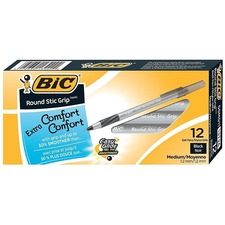 BIC Round Stic Grip Extra Comfort Black Ballpoint Pens, Medium Point (1.2 mm), 12-Count Pack, Perfect Writing Pens With Soft Grip for Superb Comfort and Control - Medium Pen Point - 1.2 mm Pen Point Size - Black - 12 Pack