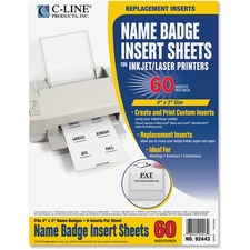 C-Line Laser/Inkjet Badge Insert Refills - 4" x 3" Length - Rectangle - Laser, Inkjet - White - 6 / Sheet - 60 / Pack