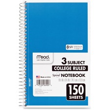 Mead 3-Subject Wirebound College Rule Notebook - 150 Sheets - Spiral - College Ruled - 5 1/2" x 9" - Assorted Paper - Heavyweight Cover - Back Board - 1 Each