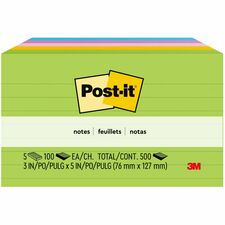 Post-itÂ® Notes Original Lined Notepads - Floral Fantasy Color Collection - 500 - 3" x 5" - Rectangle - 100 Sheets per Pad - Ruled - Limeade, Citron, Positively Pink, Iris Infusion, Blue Paradise - Paper - Self-adhesive, Repositionable - 5 / Pack