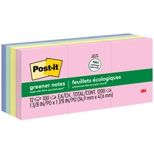 Post-it® Greener Notes - 1200 - 1 1/2" x 2" - Rectangle - 100 Sheets per Pad - Unruled - Positively Pink, Canary Yellow, Fresh Mint, Moonstone - Paper - Self-adhesive, Repositionable - 12 / Pack - Recycled