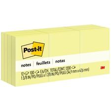 Post-it® Notes Original Notepads - 1 3/8" x 1 7/8" - Rectangle - 100 Sheets per Pad - Unruled - Canary Yellow - Paper - Self-adhesive, Repositionable - 12 / Pack