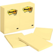 Post-itÂ® Notes, Canary Yellow - 100 - 4" x 6" - Rectangle - 100 Sheets per Pad - Unruled - Yellow - Paper - Self-adhesive, Repositionable - 12 / Pack