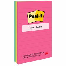 Post-it Lined Notes - Poptimistic Color Collection - 300 - 4" x 6" - Rectangle - 100 Sheets per Pad - Ruled - Power Pink, Neon Green, Aqua - Paper - Self-adhesive, Repositionable - 3 / Pack