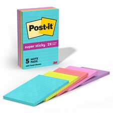 Post-it® Super Sticky Lined Notes - 450 - 4" x 6" - Rectangle - 90 Sheets per Pad - Ruled - Canary Yellow - Paper - Self-adhesive - 5 / Pack