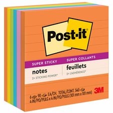 Post-it® Super Sticky Lined Notes - Energy Boost Color Collection - 540 - 4" x 4" - Square - 90 Sheets per Pad - Ruled - Vital Orange, Tropical Pink, Blue Paradise, Limeade, Sunnyside - Paper - Self-adhesive - 6 / Pack
