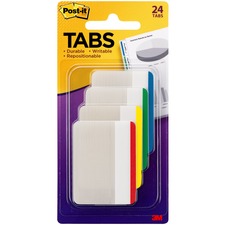 Post-it® Durable Tabs - Write-on Tab(s) - 1.50" Tab Height x 2" Tab Width - Removable - Blue, Red, Green, Yellow Tab(s) - 24 / Pack