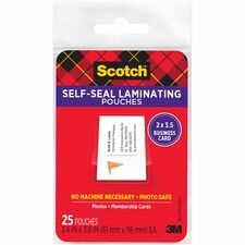 Scotch Self-sealing Laminating Business Card Pouches - Laminating Pouch/Sheet Size: 2.40" Width x 3.80" Length x 9.50 mil Thickness - Thick Gloss - for Business Card, Lists, Photo, Coupon, Punch Card - Acid-free, Photo-safe, Self-sealing, Double Sided - Clear - 25 / Pack