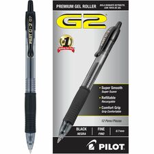 Pilot G2 Retractable Gel Ink Rollerball Pens - Fine Pen Point - 0.7 mm Pen Point Size - Refillable - Retractable - Black Gel-based Ink - Clear Barrel - 1 Dozen