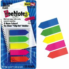 Redi-Tag Plain Write-on Arrow Flags in Holder - 25 x Neon Blue, 25 x Lime, 25 x Lemon, 25 x Pink, 25 x Tangerine - 29/64" x 1 3/4" - Arrow - Assorted - Removable, See-through, Self-adhesive - 125 / Pack