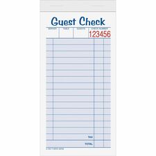 TOPS 2-part Carbonless Guest Check Books - 2 Part - 3.37" x 5.50" Sheet Size - Blue, Green, Red Print Color - 10 / Pack