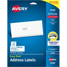 Avery® Easy Peel® Address Labels with Sure Feed™ Technology - 1" Height x 2 5/8" Width - Permanent Adhesive - Rectangle - Inkjet - Bright White - Paper - 30 / Sheet - 25 Total Sheets - 750 Total Label(s) - 750 / Pack