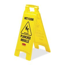 Rubbermaid Wet Floor Caution Sign - 1 Each - English, French - Caution Wet Floor Print/Message - 11" (279.40 mm) Width x 25" (635 mm) Height x 12" (304.80 mm) Depth - Rectangular Shape - Foldable, Self-standing - Indoor - Yellow