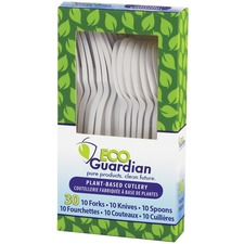 Eco Guardian 30 Piece Biodegradable Cutlery Kit - 30 / Box - 30 Piece(s) - 30/Box - Cutlery Set - Disposable - Compostable - White